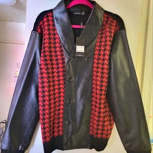 MENS, SHIRT/JACKET/ BUTTER LEATHER SLEEVES & FRONTAL BUTTON DOWN, KNIT BACKING.